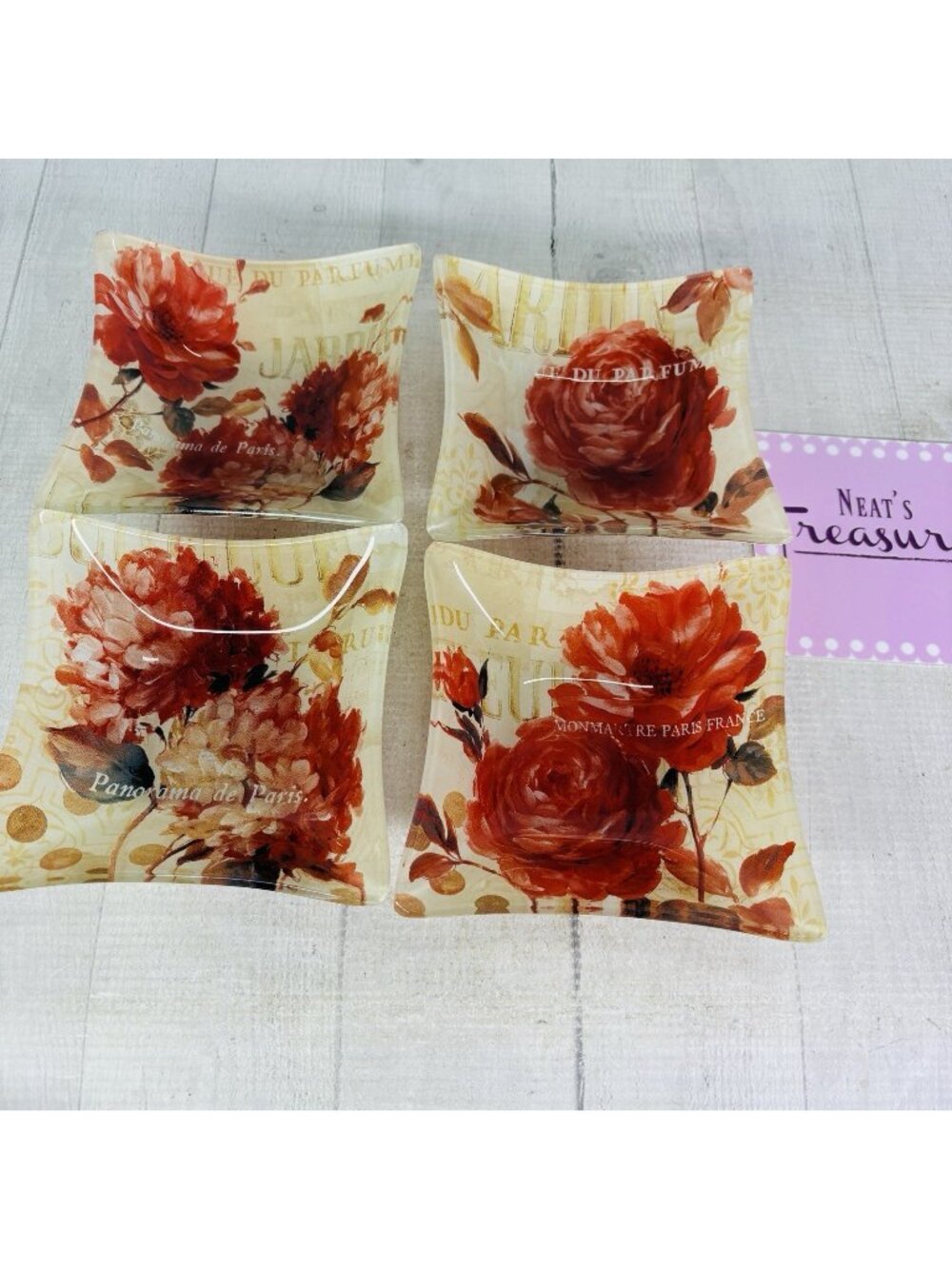 Prima Design PINK PEACH FLORAL PARIS 2210 Assorted Pattern Glass Bowls Set 4 NEW
